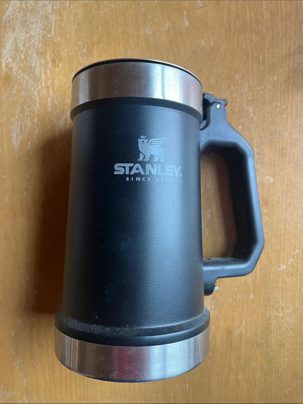 Stanley Black Tankard/Stein with Silver Accents and Handle. Never Used!